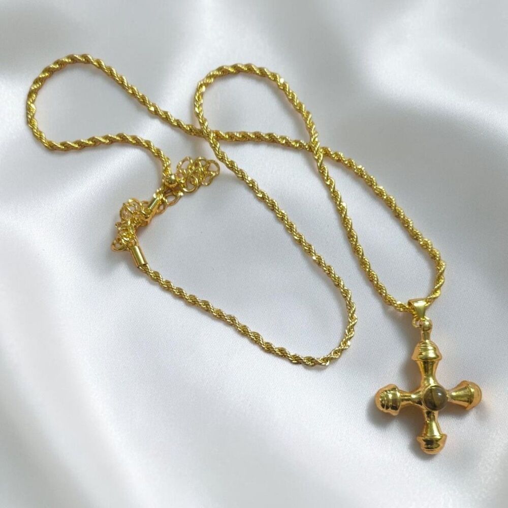 Gold Tone Maltese Cross Pendant Necklace, Black Cabochon, Gothic Medieval Style
